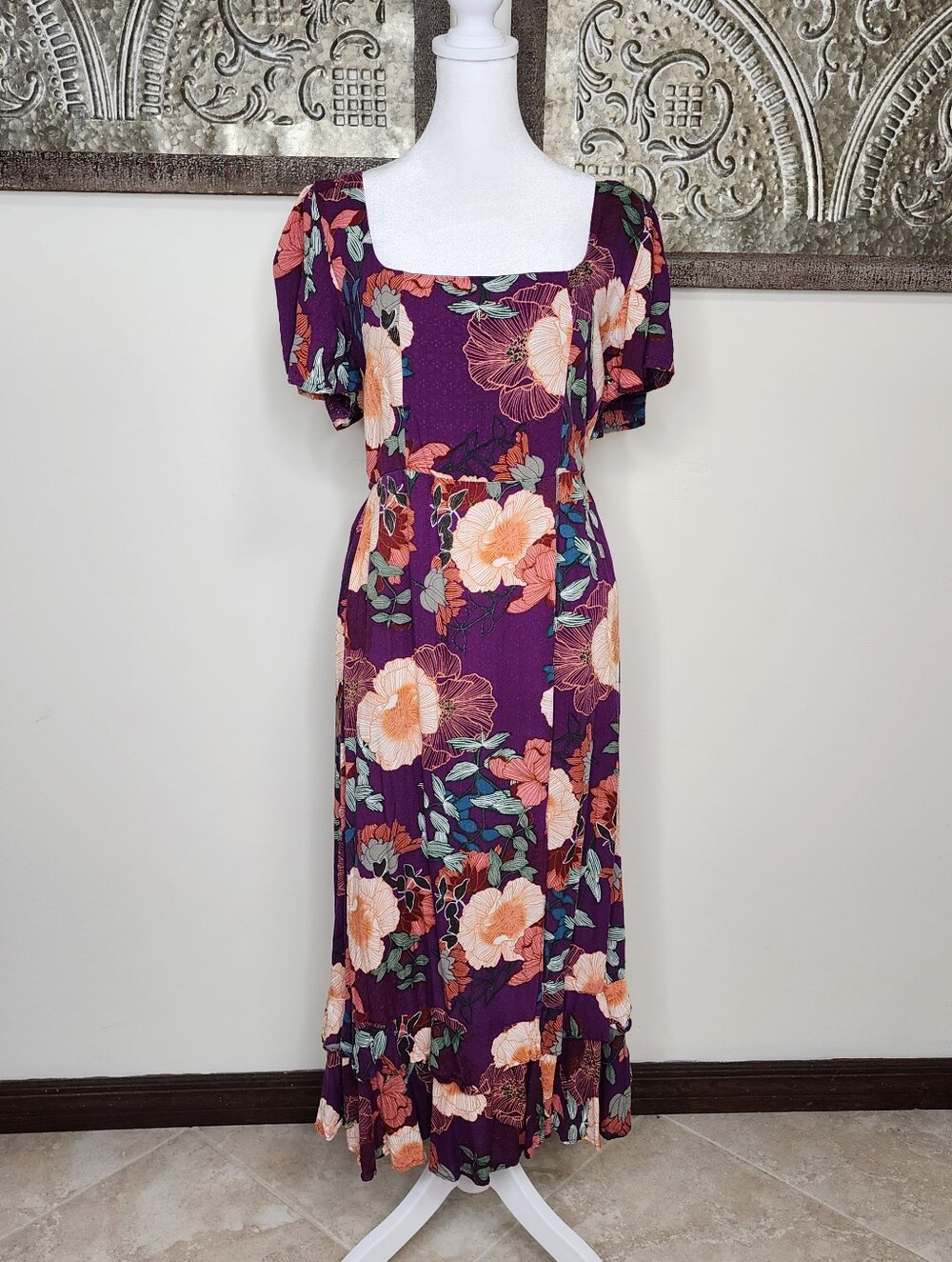 NWT Paper Heart Purple Floral Square-Neck Boho Chic Midi Dress Sm Garden Party